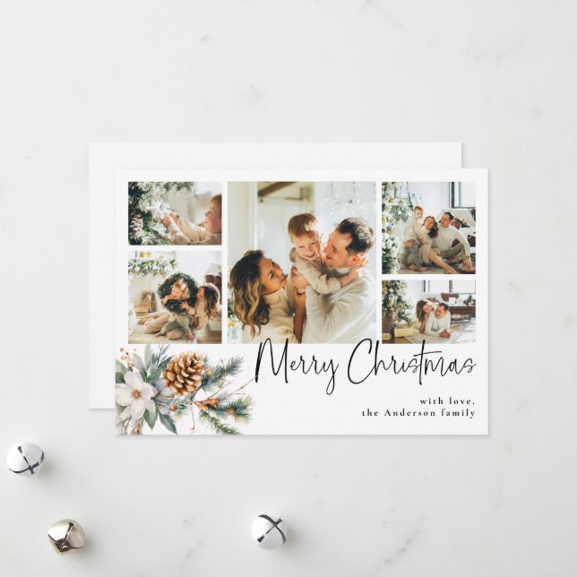 Elegant Botanical Foliage Photo Collage Christmas Holiday Card (Front/Back In Situ)