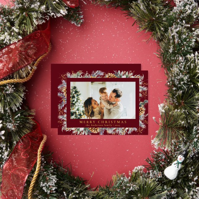 Elegant Botanical Foliage | Red Merry Christmas Foil Holiday Card (Insitu)