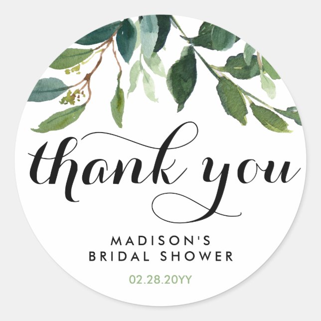 Elegant Botanical Foliage Thank You Bridal Shower Classic Round Sticker (Front)