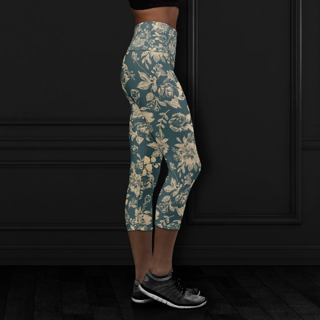 Elegant Botanical | Forest Green Sepia Gold Floral Capri Leggings (Creator Uploaded)