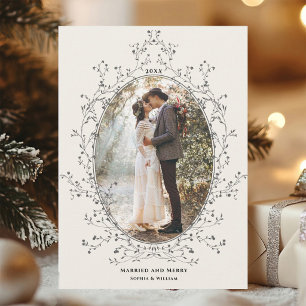 Elegant Botanical Frame Married and Merry Photo Holiday Card