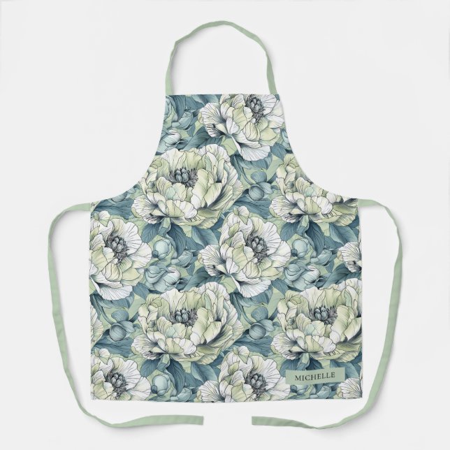 Elegant Botanical Garden Green Floral Pattern Apron (Front)