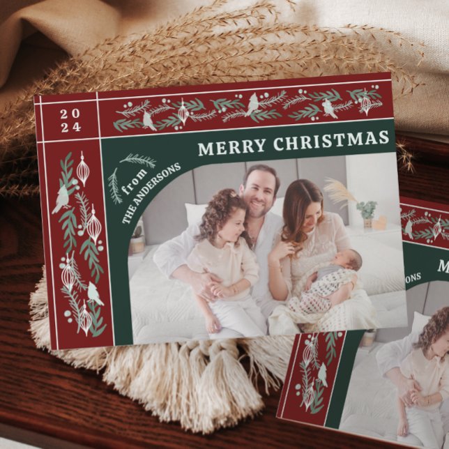 Elegant Botanical Garland One Photo Christmas Holiday Card (Creator Uploaded)