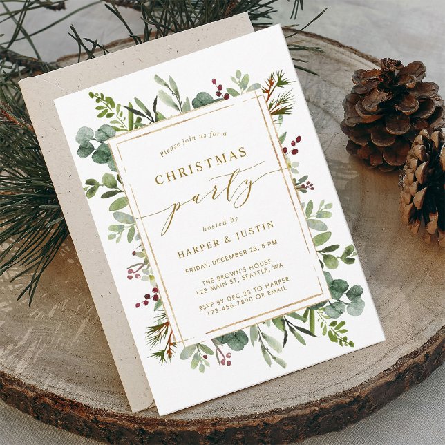 Elegant Botanical Gold Christmas Party Flat Invitation (Creator Uploaded)