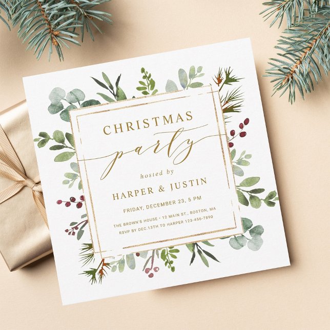 Elegant Botanical Gold Christmas Party Square Invitation (Creator Uploaded)