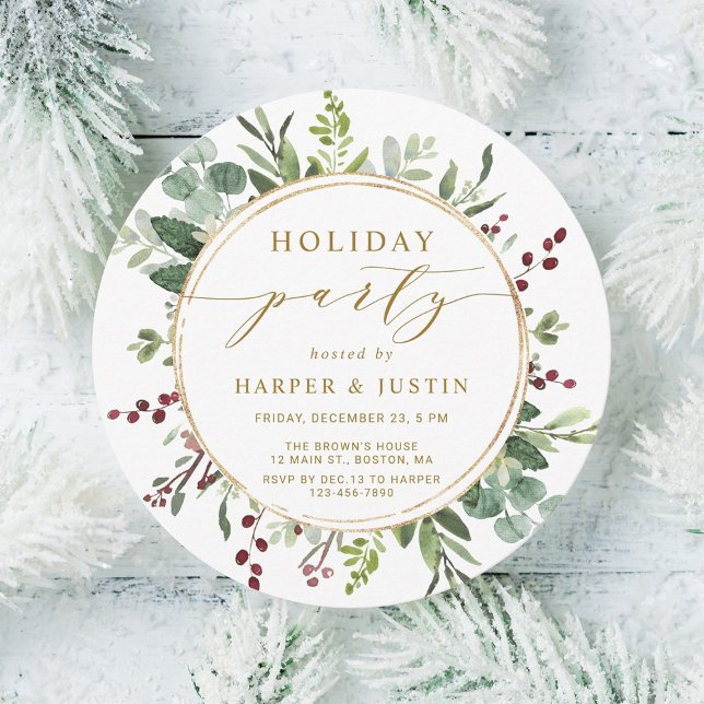 Elegant Botanical Gold Holiday Party Circle Invitation (Creator Uploaded)