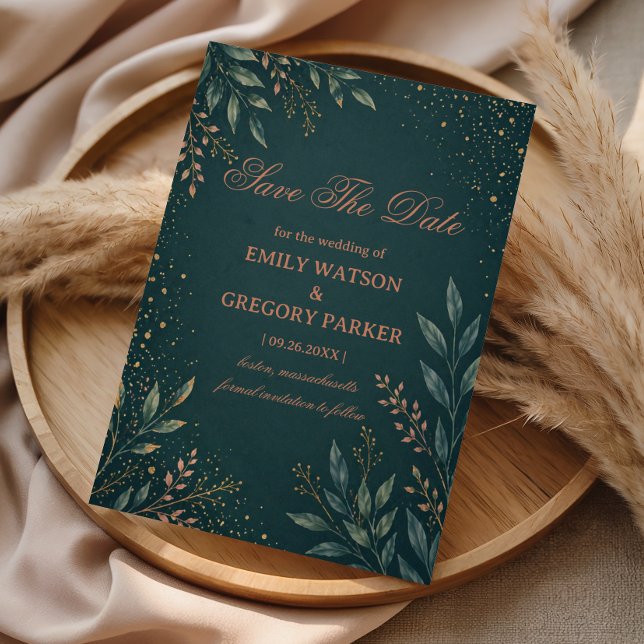 Elegant Botanical Gold Teal Save The Date (Creator Uploaded)