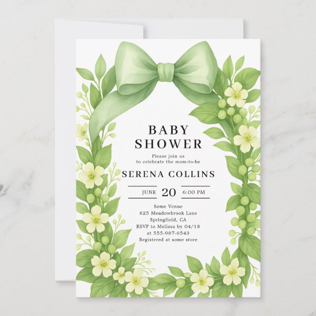 Elegant Botanical Green Bow Baby Shower Invitation (Front)