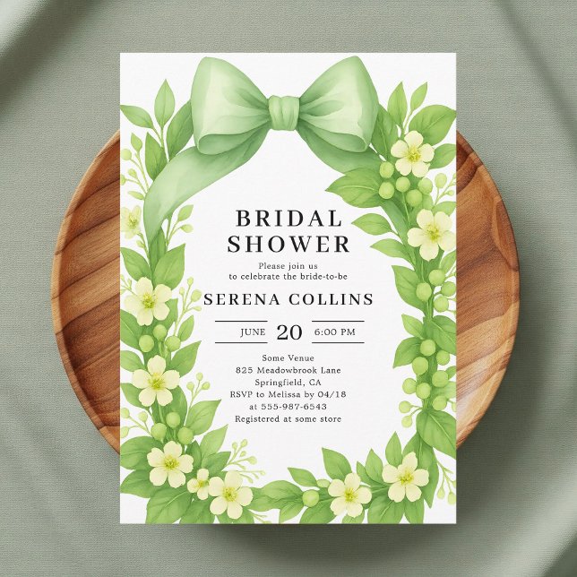 Elegant Botanical Green Bow Bridal Shower Invitation (Creator Uploaded)