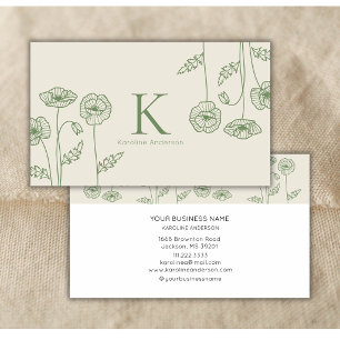 Elegant Botanical Green Ecru Poppy Flowers Business Card