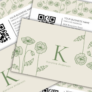 Elegant Botanical Green Ecru Poppy Flowers QR Code Business Card