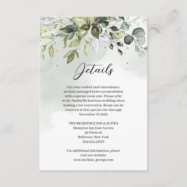 Elegant botanical green eucalyptus gold details enclosure card (Front)