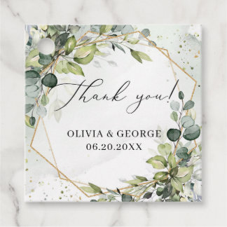 Elegant botanical green eucalyptus gold geometric favour tags