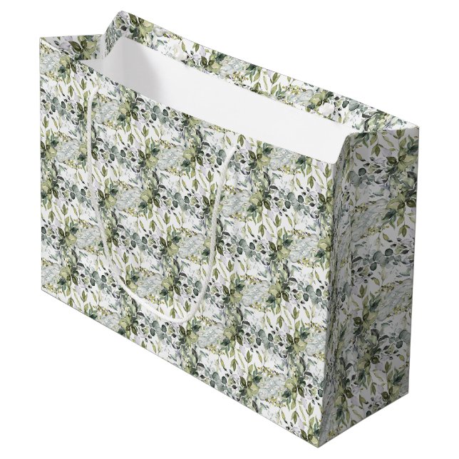 Elegant botanical green eucalyptus gold geometric  large gift bag (Front Angled)