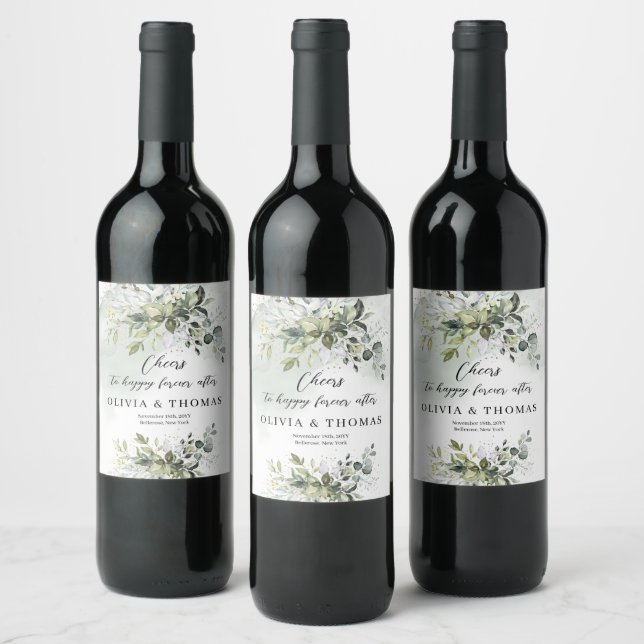 Elegant botanical green eucalyptus gold geometric  wine label (Bottles)