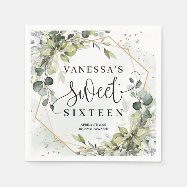 Elegant botanical green eucalyptus gold Sweet 16 Napkin (Front)