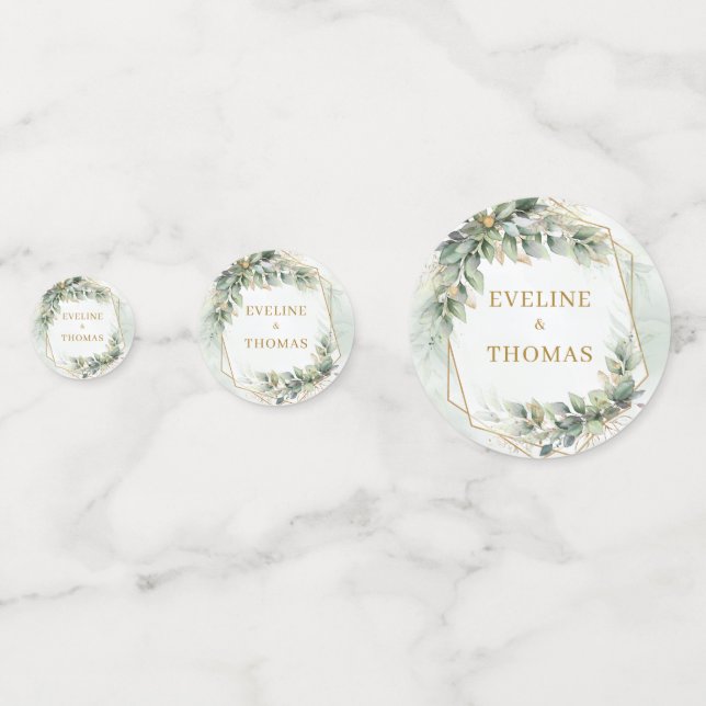 Elegant botanical green eucalyptus gold wedding  confetti (Fronts)