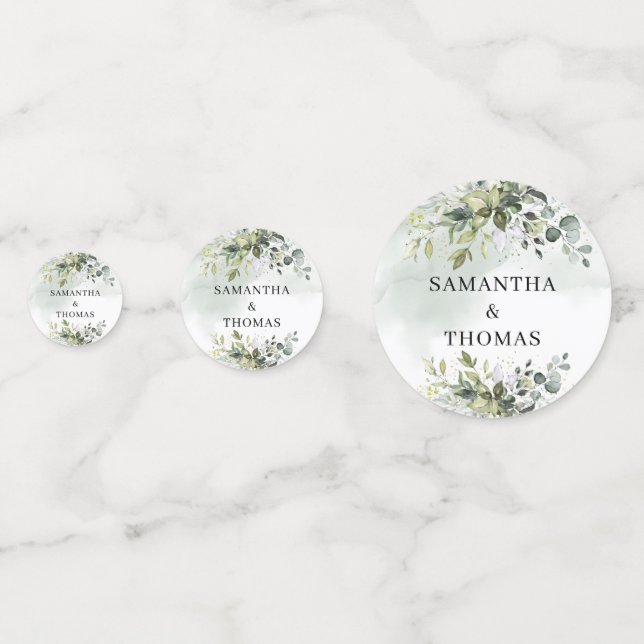 Elegant botanical green eucalyptus gold wedding  confetti (Fronts)