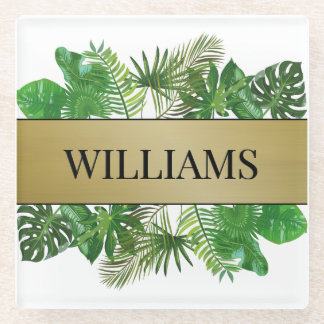 Elegant Botanical Green Faux Gold Palm Leaf Glass Coaster