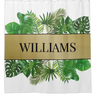 Elegant Botanical Green Faux Gold Palm Leaf Shower Curtain