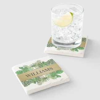 Elegant Botanical Green Faux Gold Palm Leaf Stone Coaster