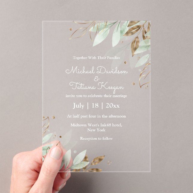 elegant botanical green gold leaves wedding acrylic invitations (Insitu (Handheld))