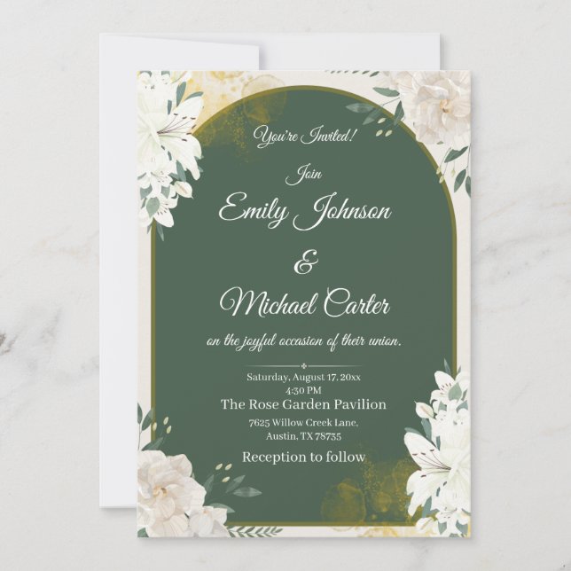 Elegant Botanical Green & Gold Wedding Invitation (Front)