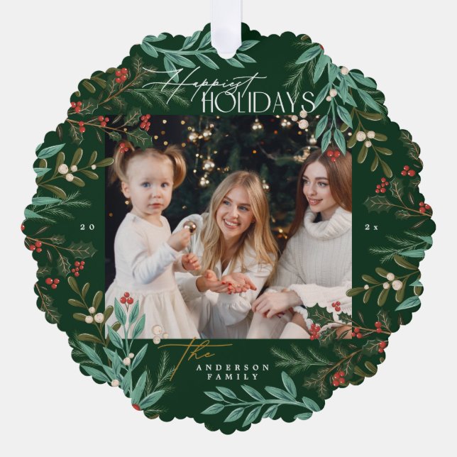 Elegant Botanical Green Happy Holiday photo Tree Decoration Card (Front)