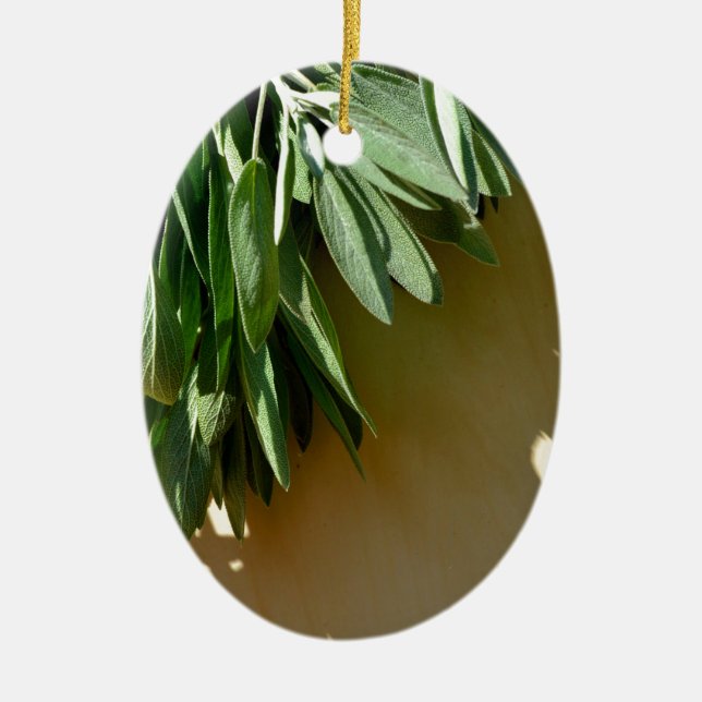 Elegant botanical green herbs leaves sage ceramic tree decoration (Front)