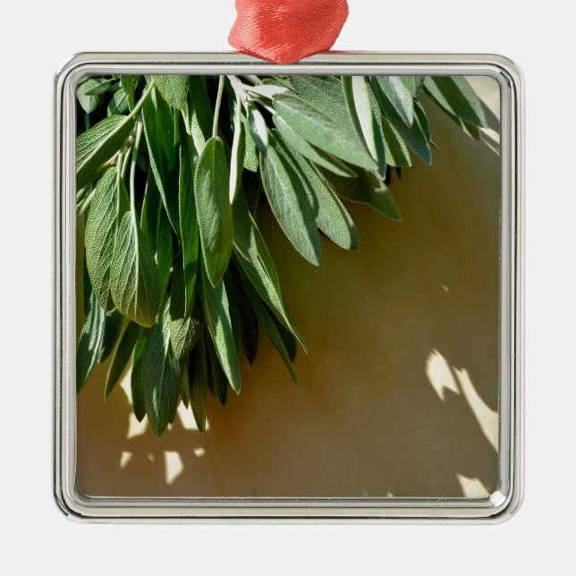 Elegant botanical green herbs leaves sage metal ornament (Front)