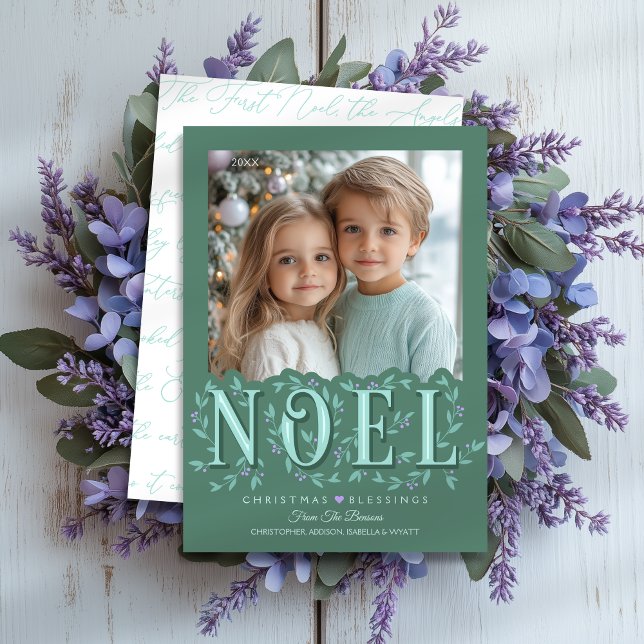 Elegant Botanical Green Lavender Photo Christmas Card (Shown on a 5" x 7" card)
