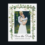 Elegant Botanical Green Photo Save The Date Announcement Postcard<br><div class="desc">Modern Elegant,  Botanical Green Eucalyptus Leaves,  Wood Frame,  Save The Date Engagement Photo Postcard</div>