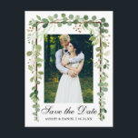 Elegant Botanical Green Photo Save The Date Announcement Postcard<br><div class="desc">Modern Elegant,  Botanical Green Eucalyptus Leaves,  Wood Frame,  Save The Date Engagement Photo Postcard</div>