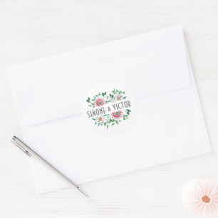 Elegant Botanical Green & pink Floral Classic Round Sticker