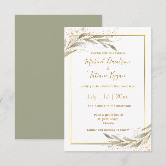 elegant botanical green sage gold script wedding invitation (Front/Back)