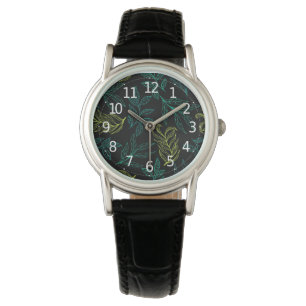 Elegant Botanical Green & Yellow Leaves Pattern Watch