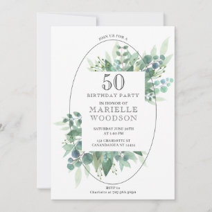 Elegant Botanical Greenery 50th Birthday Invitation