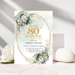 Elegant Botanical Greenery 80th Birthday Invite