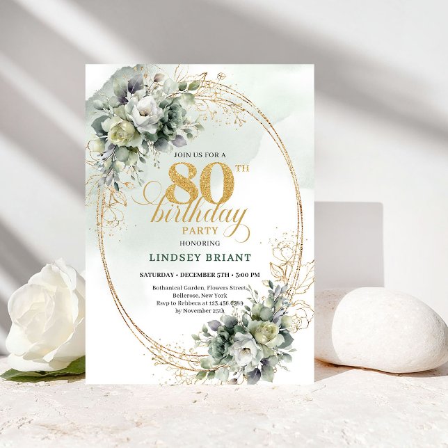 Elegant Botanical Greenery 80th Birthday Invite (Elegant Botanical Greenery 80th Birthday Invite)
