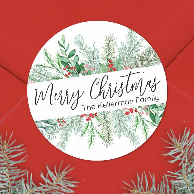 Elegant Botanical Greenery Christmas Classic Round Sticker (Elegant Bontanical Greenery Merry Christmas Classic Round Sticker)