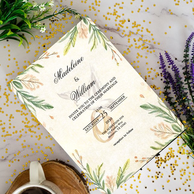 Elegant Botanical Greenery  Dove & Rings Wedding Invitation (Creator Uploaded)