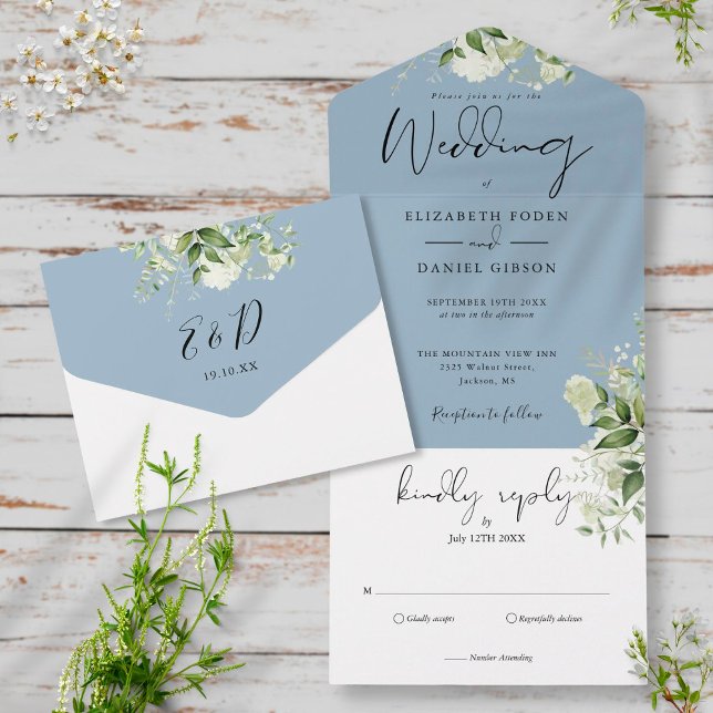 Elegant Botanical Greenery Dusty Blue Wedding All In One Invitation (Creator Uploaded)