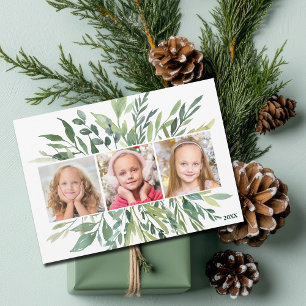 Elegant Botanical Greenery Family Photo Modern Holiday Card