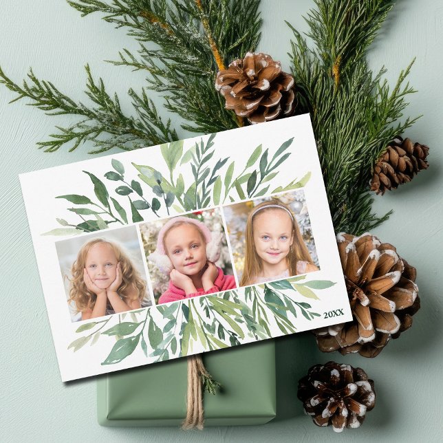 Elegant Botanical Greenery Family Photo Modern Holiday Card (Creator Uploaded)