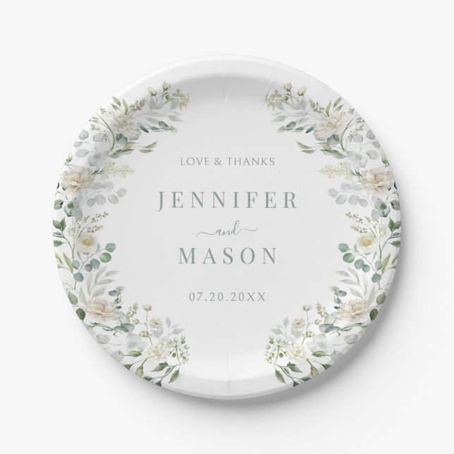 Elegant Botanical Greenery Floral Wedding Paper Plate (Front)