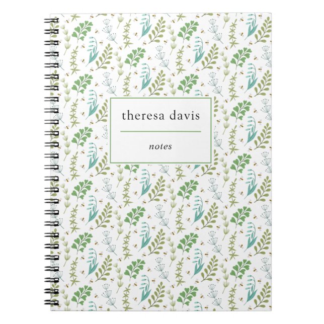 Elegant Botanical Greenery Foliage Honey Bee Notebook (Front)