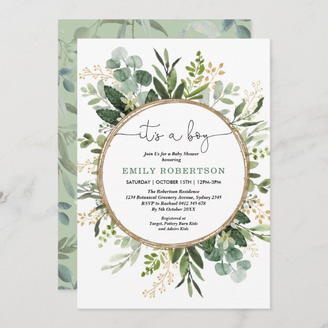 Elegant Botanical Greenery Gold Boy Baby Shower Invitation (Front/Back)