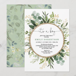 Elegant Botanical Greenery Gold Boy Baby Shower Invitation