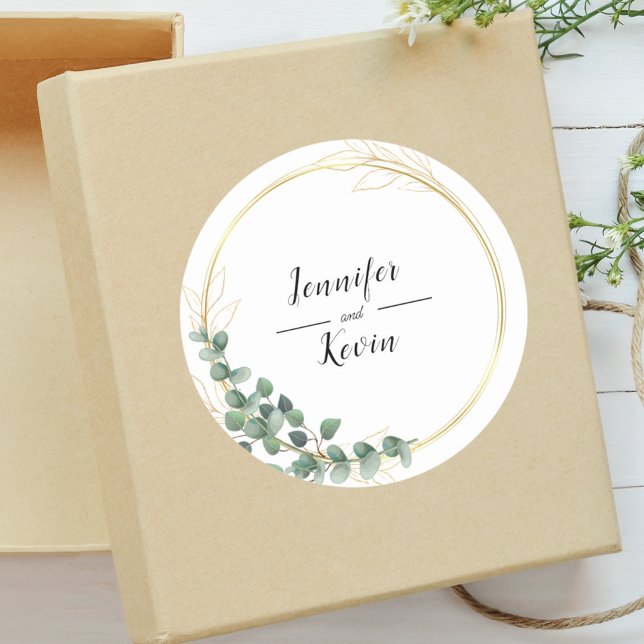 Elegant Botanical Greenery Gold Leaf Wedding Favou Classic Round Sticker (Creator Uploaded)