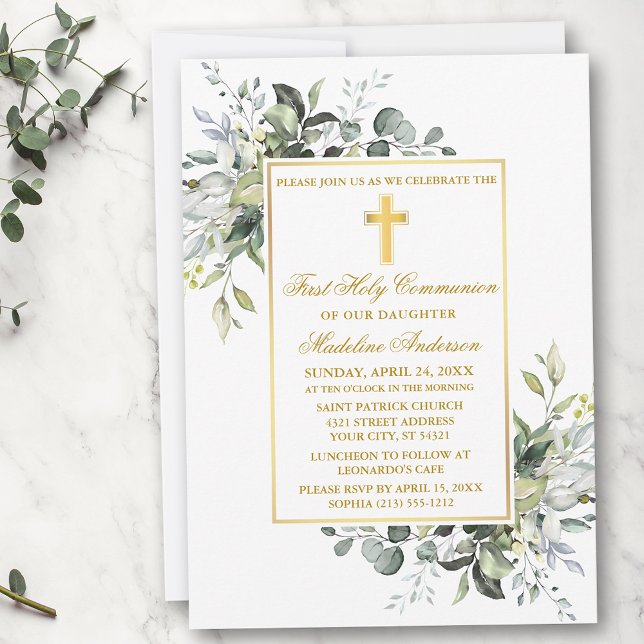 Elegant Botanical Greenery Holy Communion Gold Invitation (Customize to change text color, size, style or to add photos or more text to back of card.)